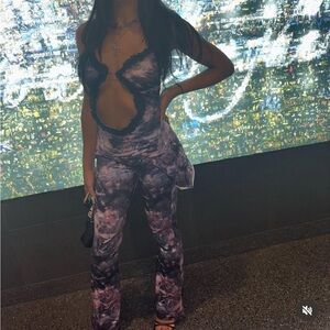 Fashion Nova Black and Purple Tie-Dye Jumpsuit